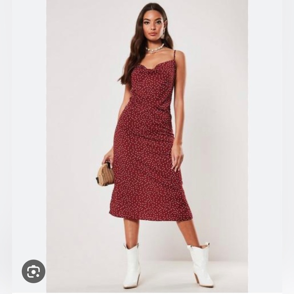 Missguided Red Polka Dot Cami Cowl Neck Midi Dress, Size 4 - Picture 2 of 5
